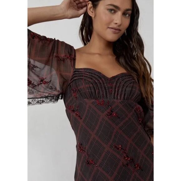 NWOT Free People Grunge WhimsyGoth Plaid Sheer Midi Dress Size 8 Fallen Flowers - Picture 6 of 15